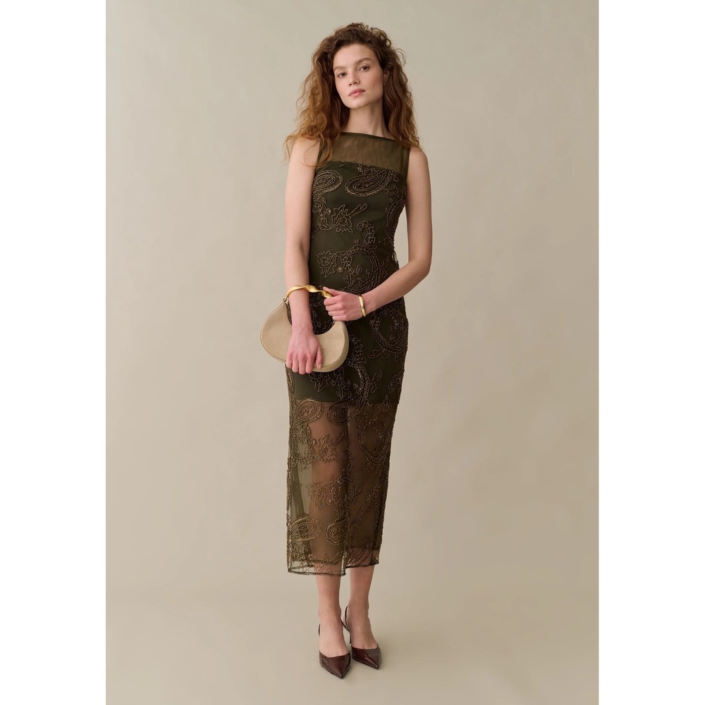 Sorella Atelier Ora Olive Green Gold Beaded Paisley Mesh Maxi Dress Size 4 NEW
